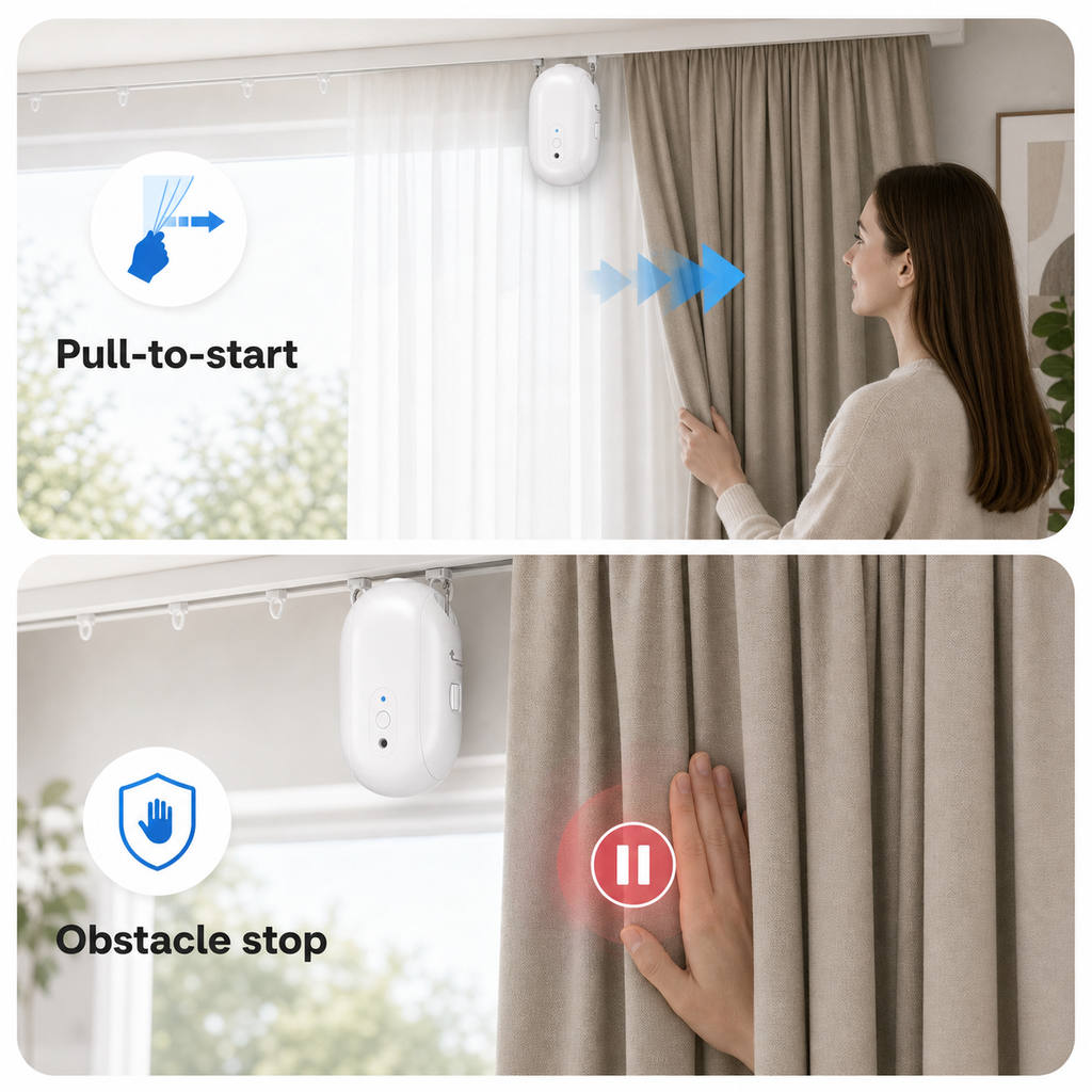 Pull-to-start and obstacle stop feature image for smart curtain robot