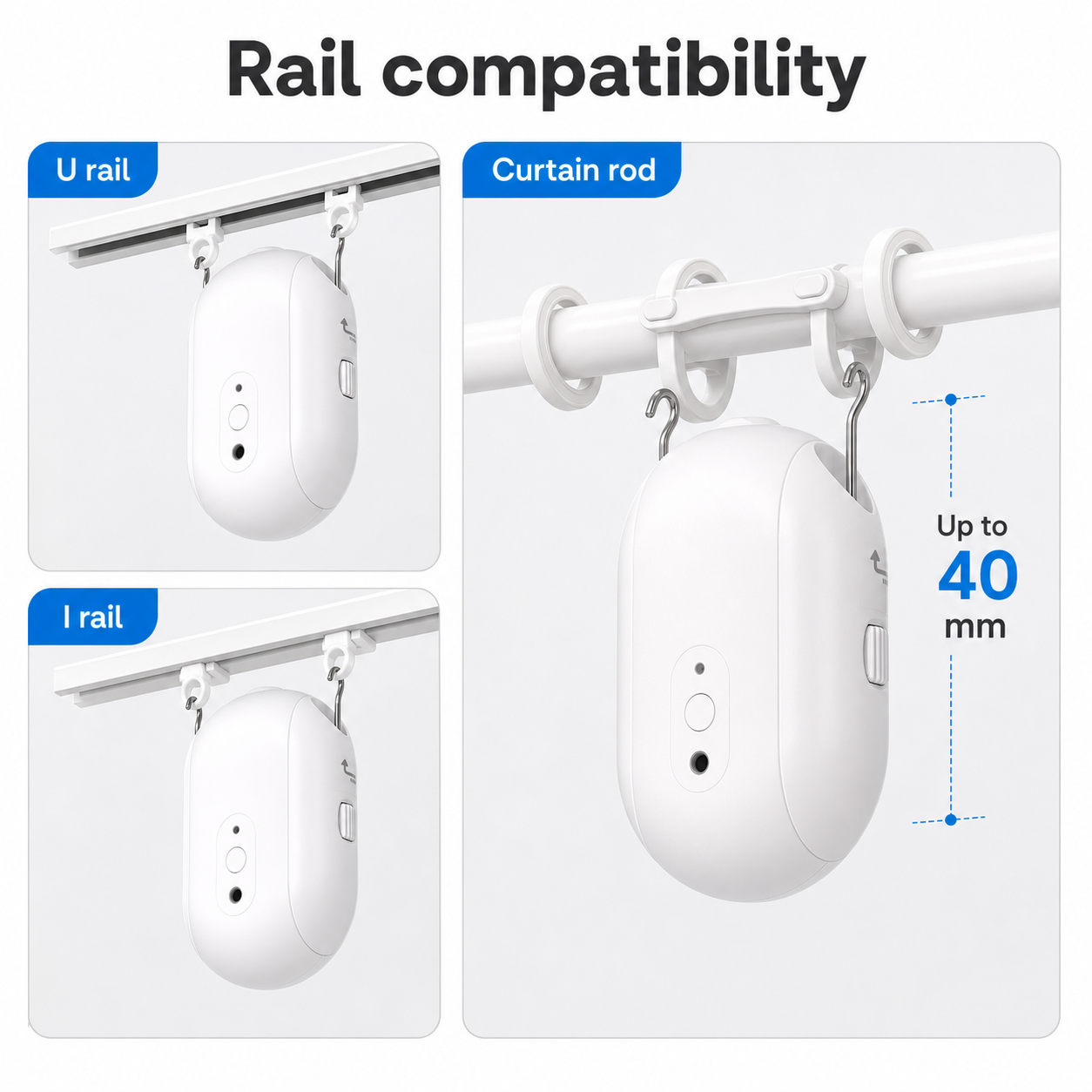 Rail compatibility diagram for curtain robot including curtain rod setup
