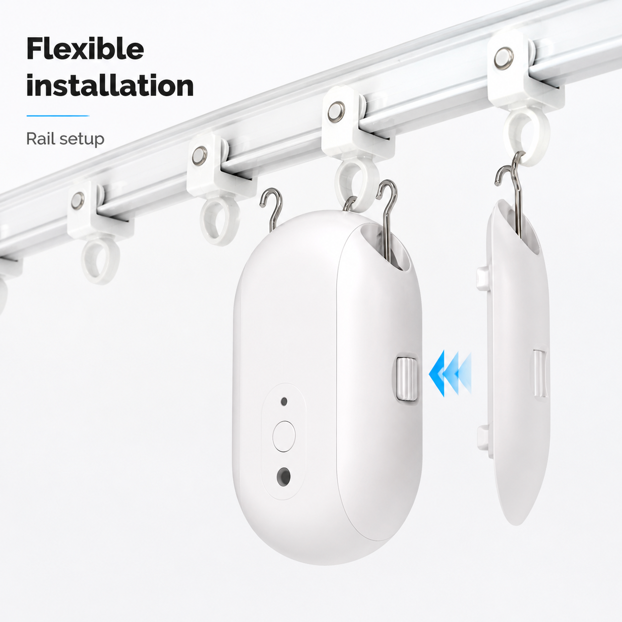 Smart curtain robot shown installed on a white curtain rail