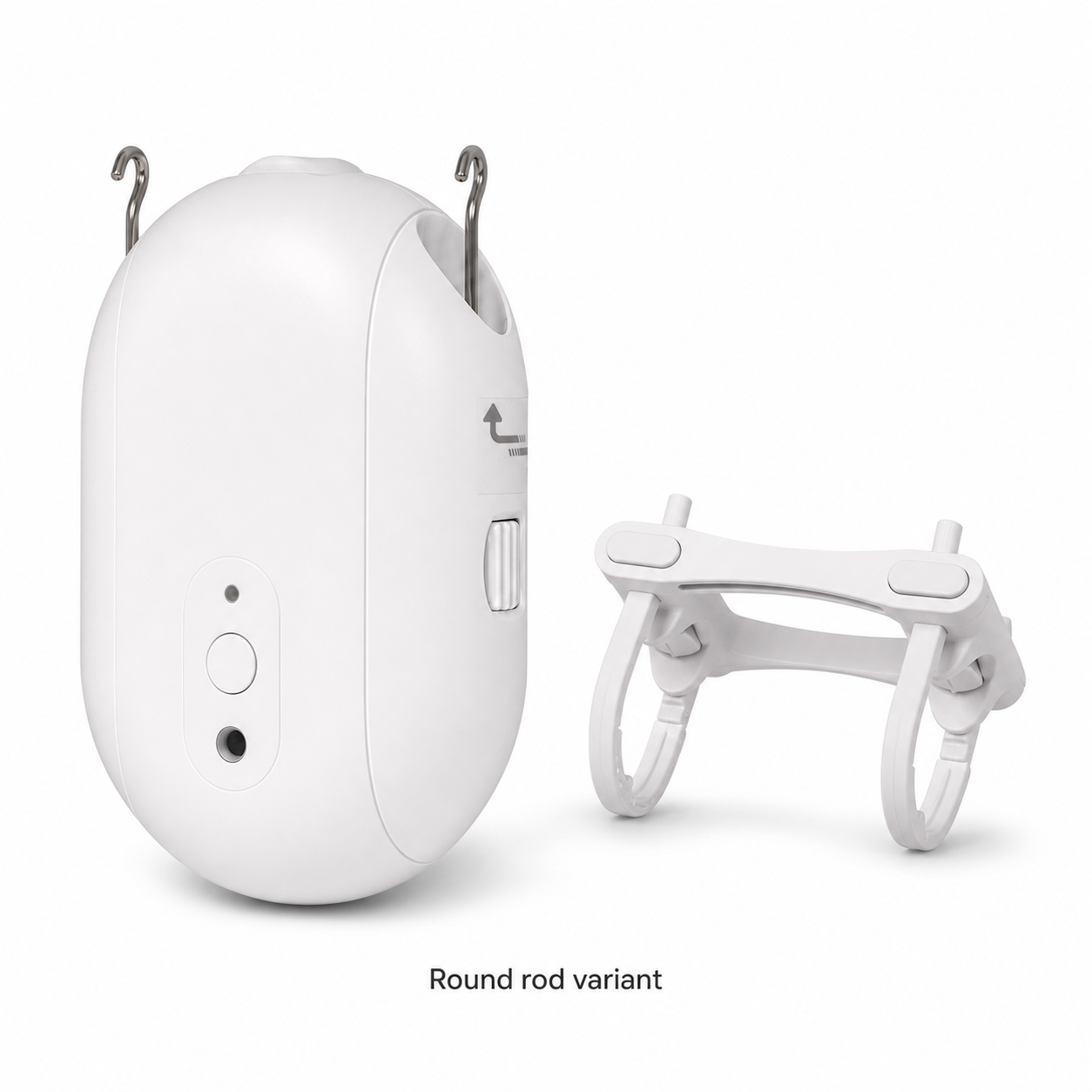 Studio packshot of round rod variant smart curtain robot with adapter accessory