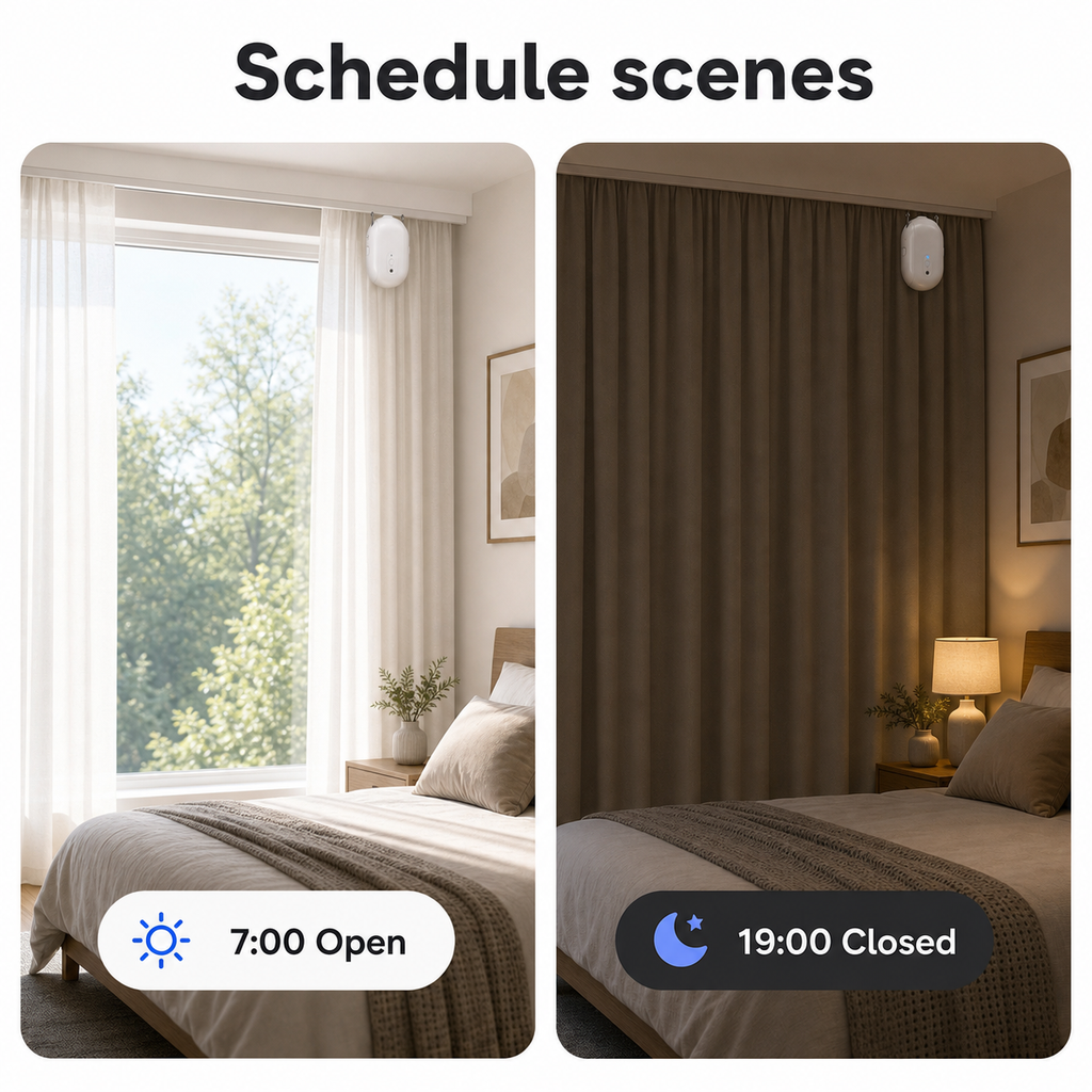 Schedule scenes showing curtain robot opening and closing curtains at set times