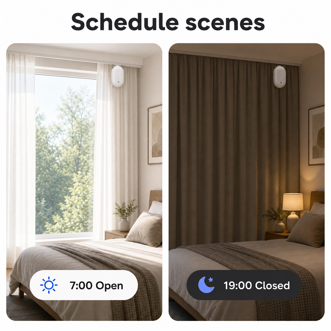 Schedule scenes showing curtain robot opening and closing curtains at set times