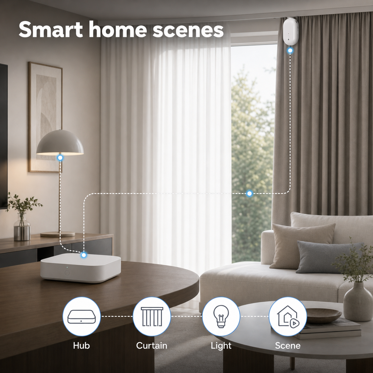 Generic smart home scenes with curtain robot hub light and scene icons