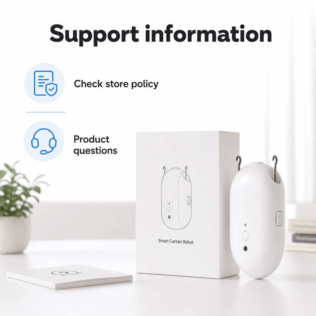 Support information image for smart curtain robot product questions and store policy