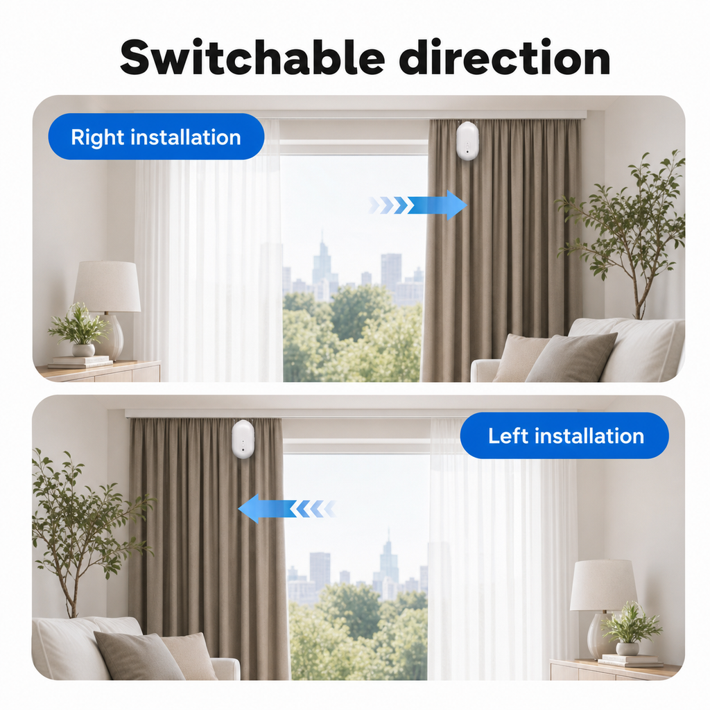 Switchable direction diagram showing left and right installation for curtain robot