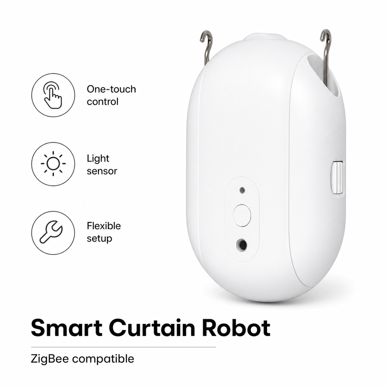Studio feature image of ZigBee smart curtain robot with light sensor and flexible setup callouts