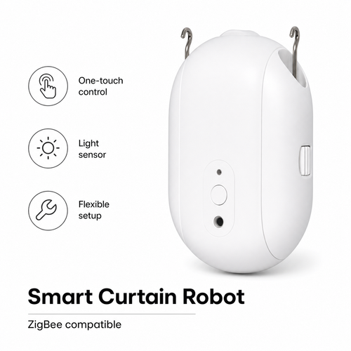 Studio feature image of ZigBee smart curtain robot with light sensor and flexible setup callouts