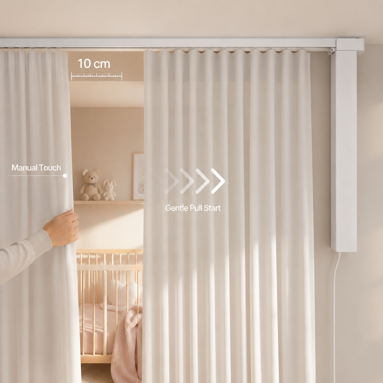 Gentle pull start feature for NeoCurtain motorized curtains