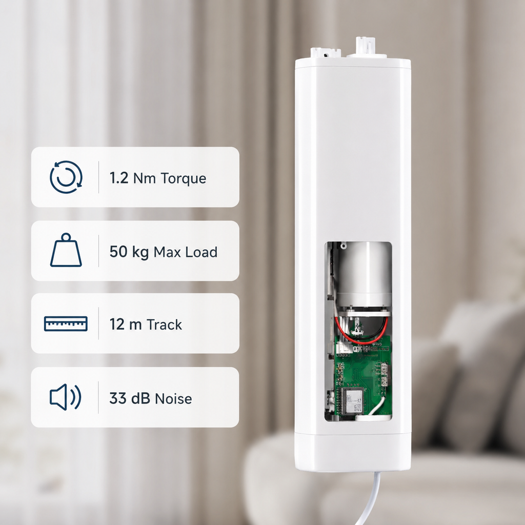 Hardware detail with torque load track and noise specs for NeoCurtain motor