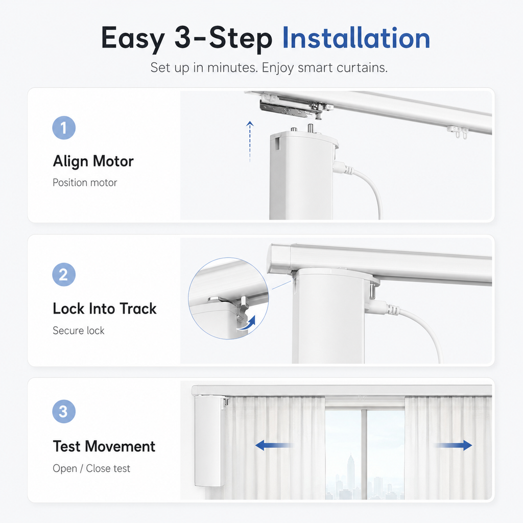 Three-step installation guide for NeoCurtain curtain motor