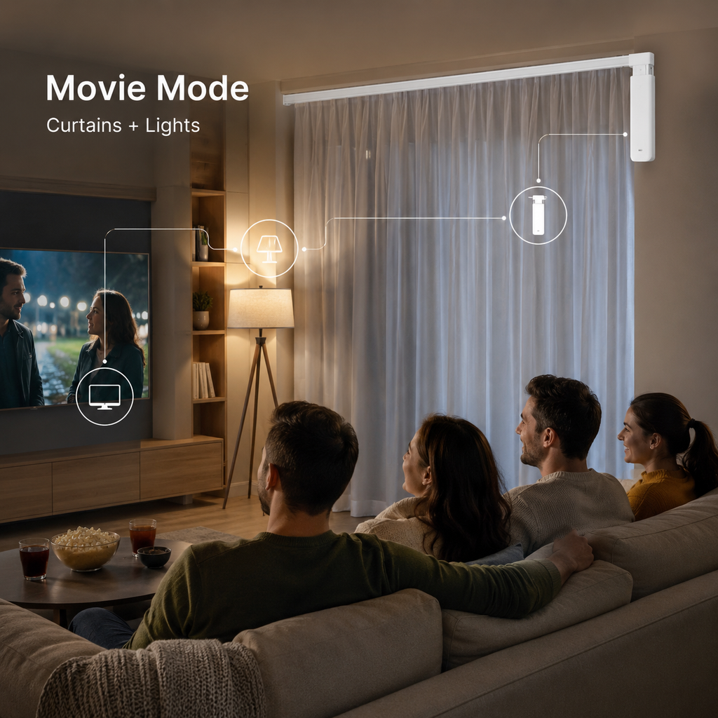 Movie mode automation scene with curtains and lights