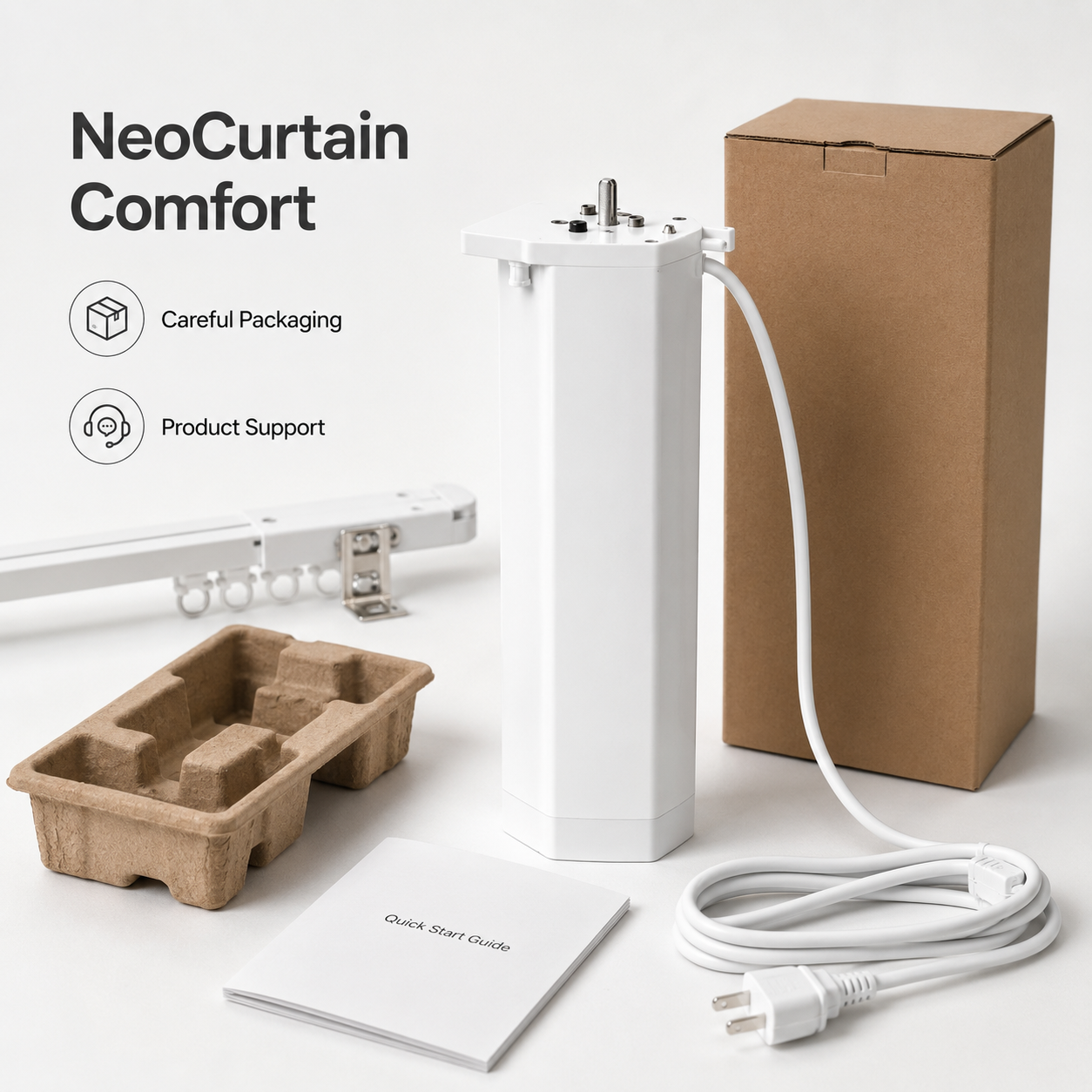 Careful packaging view with NeoCurtain motor cable and quick start guide