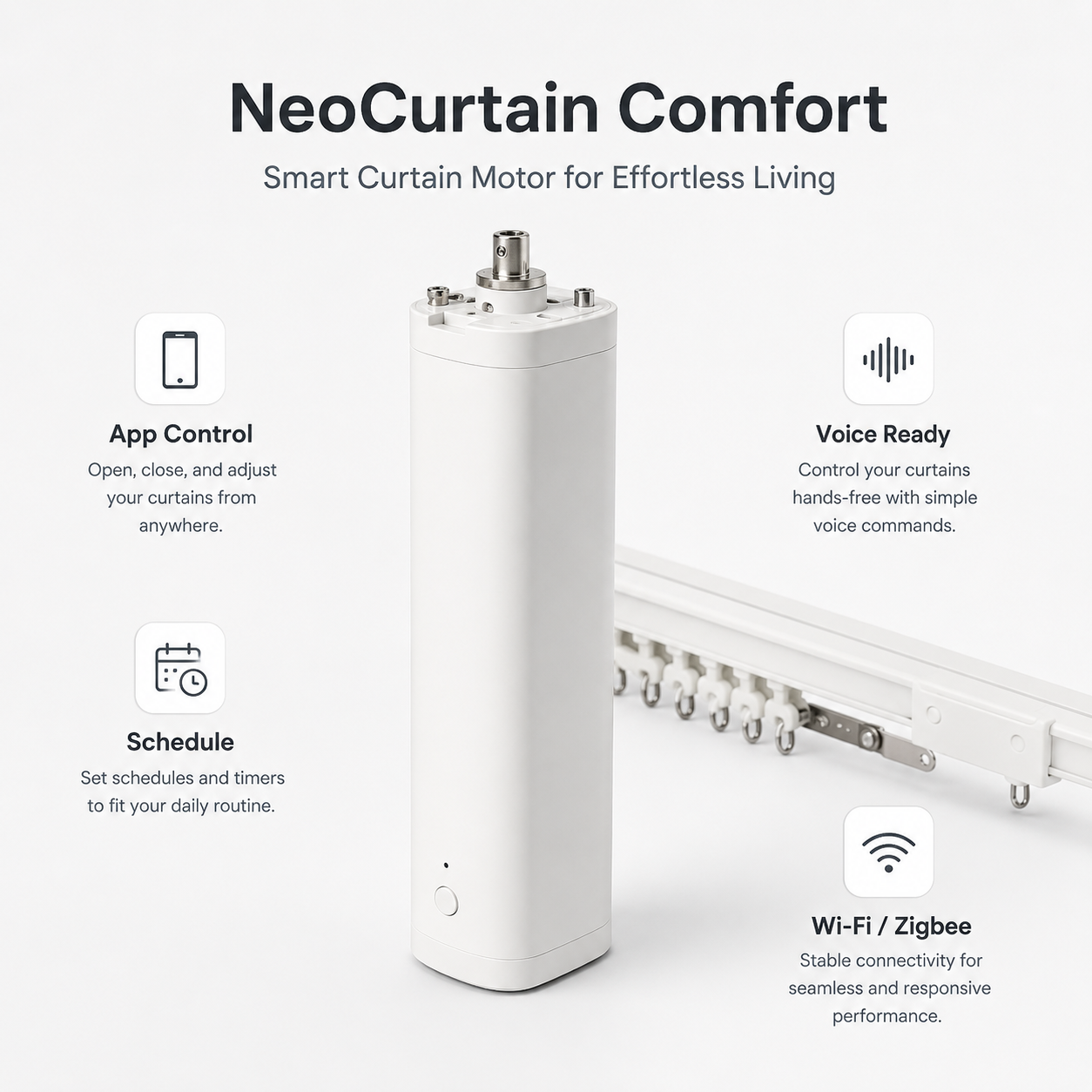 Feature overview of NeoCurtain Wi-Fi Zigbee curtain motor