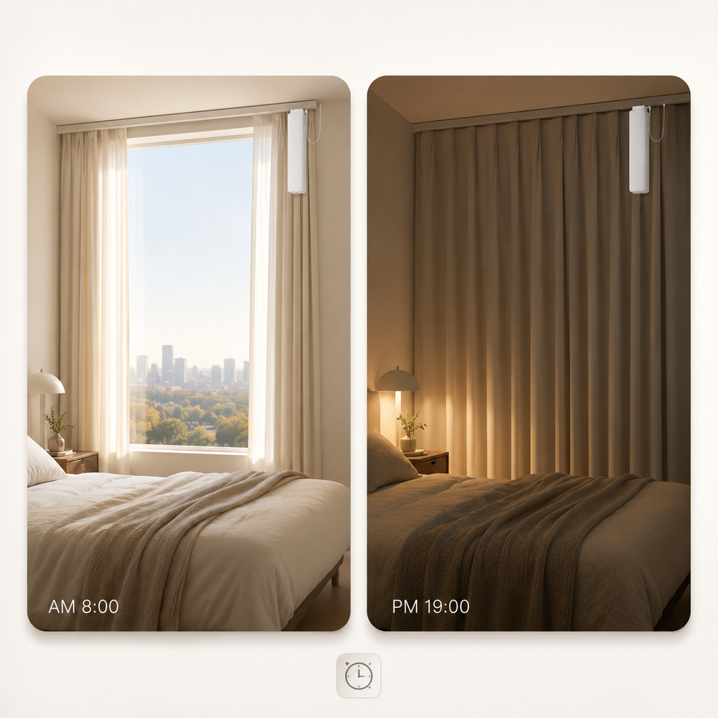 AM and PM schedule scenes for automated curtains with NeoCurtain motor