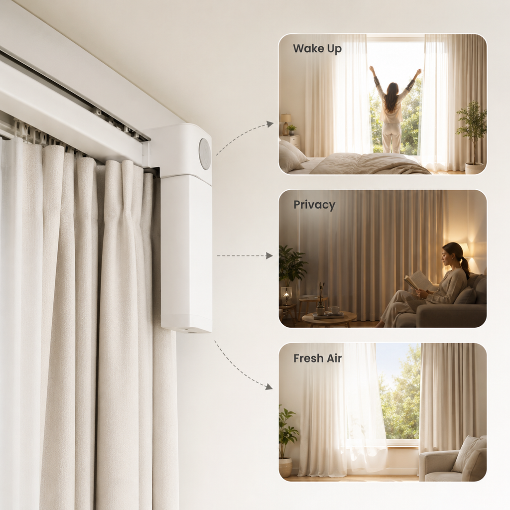 Smart curtain lifestyle scenes for wake privacy and fresh air