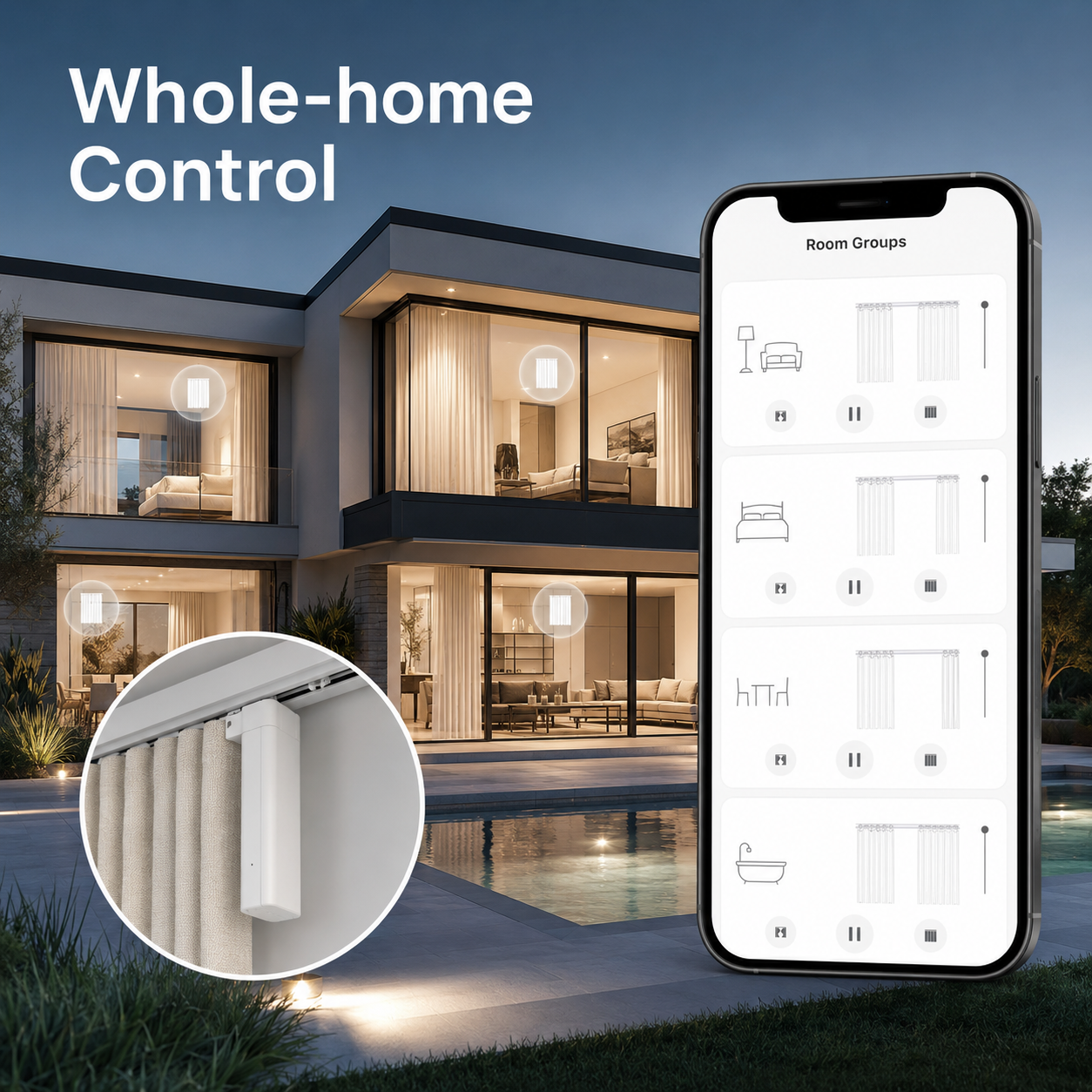 Whole-home curtain group control with NeoCurtain smart motor