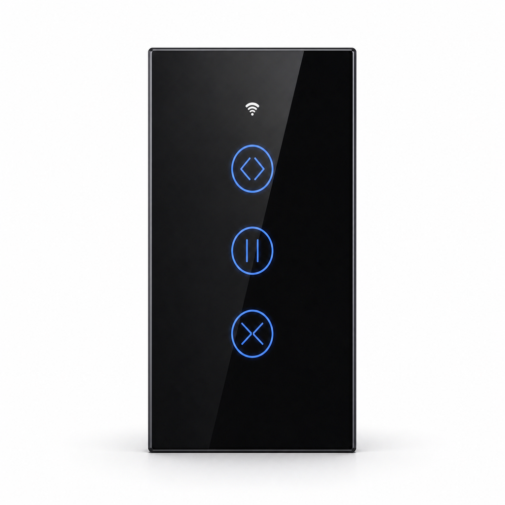 Interrupteur tactile ZigBee pour rideau en verre noir sur fond blanc studio