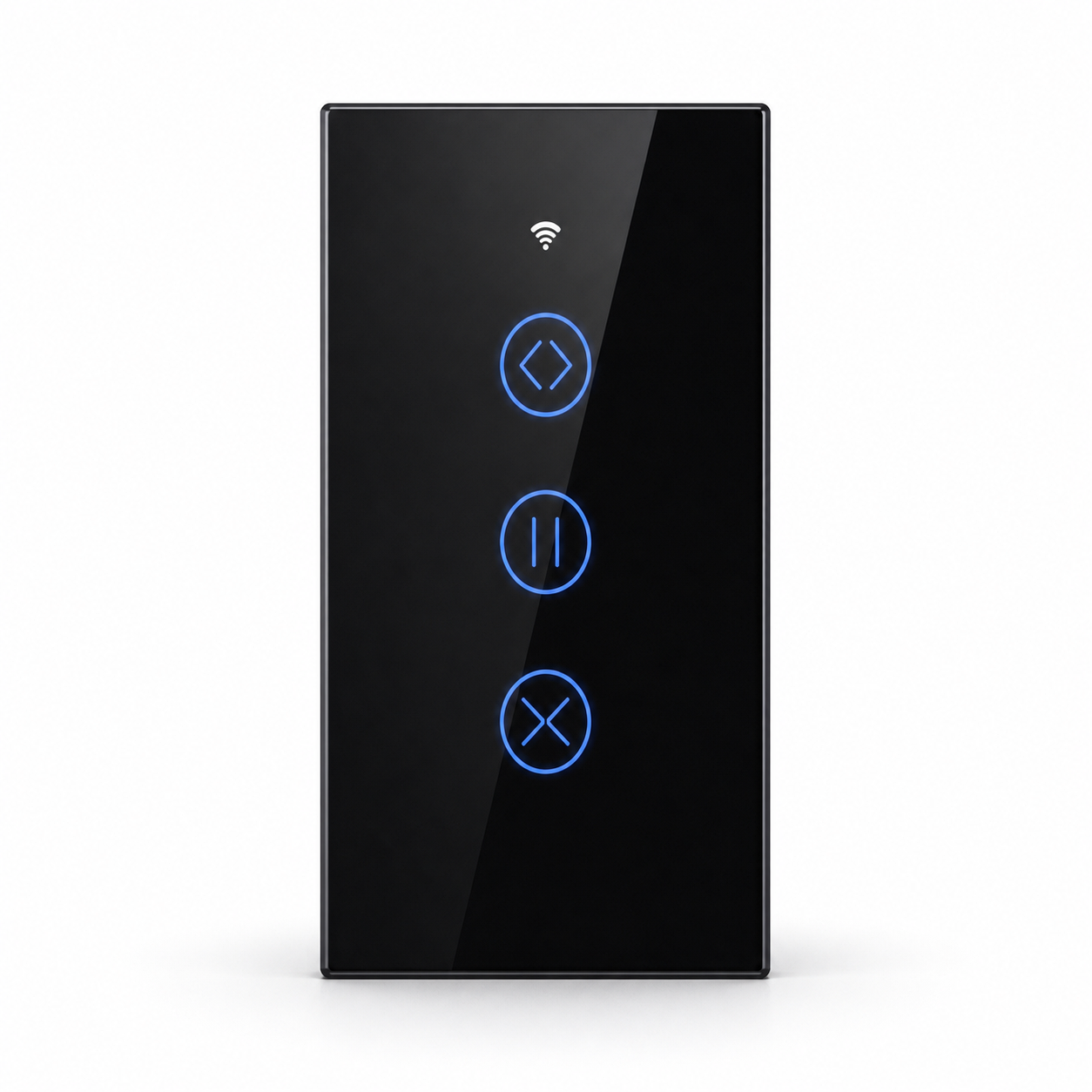 Interrupteur tactile ZigBee pour rideau en verre noir sur fond blanc studio