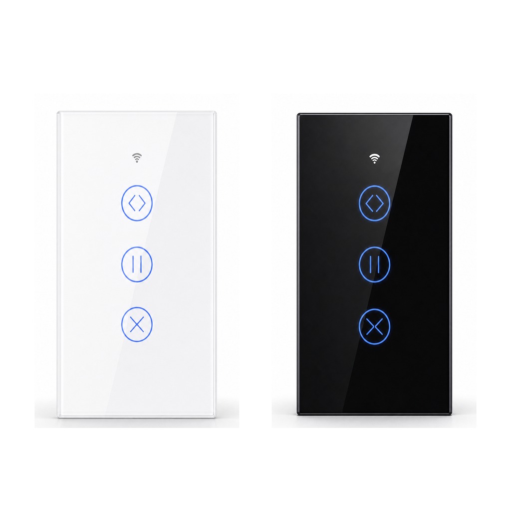 Interrupteurs tactiles ZigBee pour rideau en verre blanc et noir sur fond blanc studio