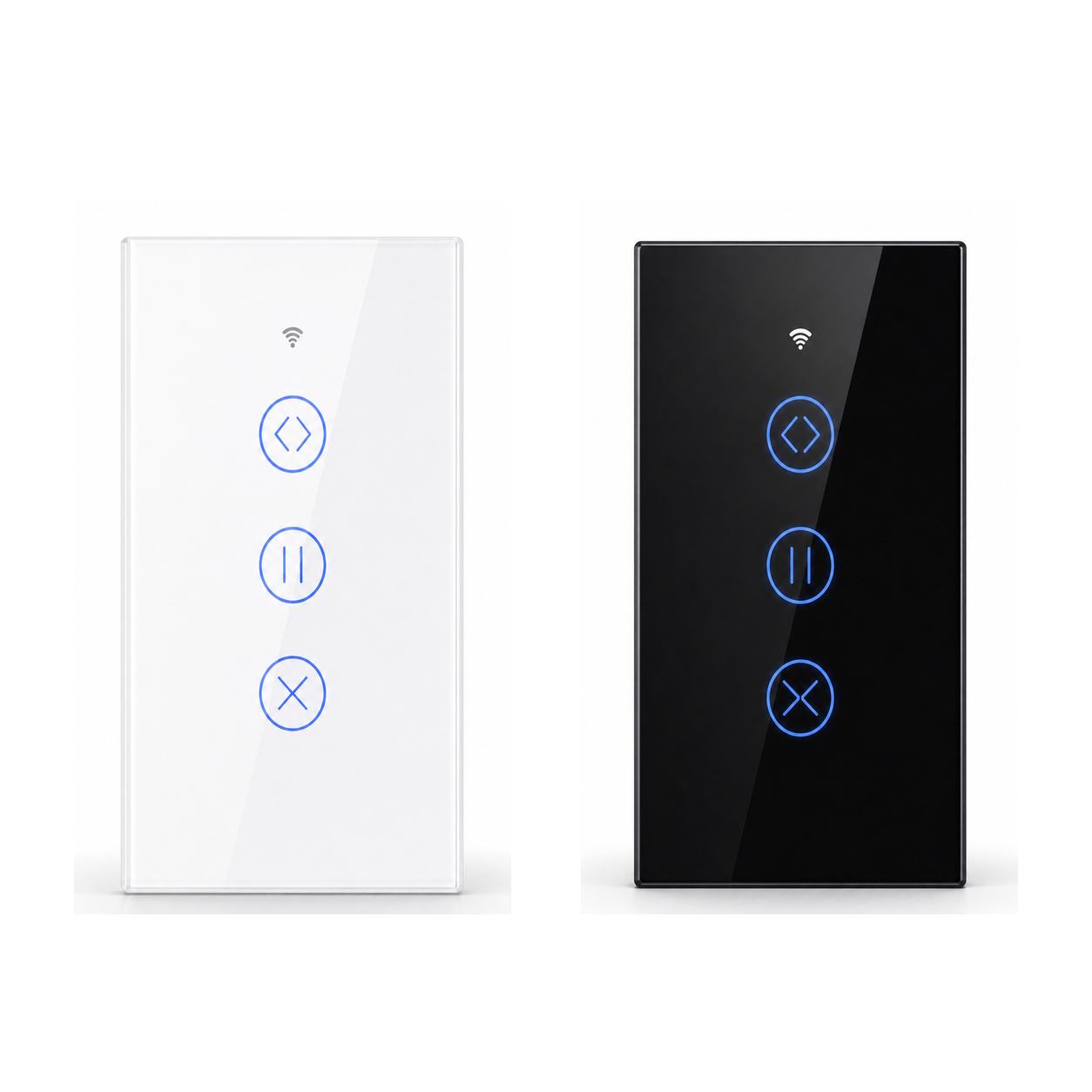 Interrupteurs tactiles ZigBee pour rideau en verre blanc et noir sur fond blanc studio