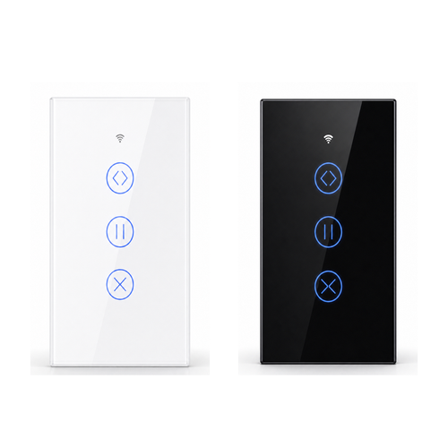 Interrupteurs tactiles ZigBee pour rideau en verre blanc et noir sur fond blanc studio