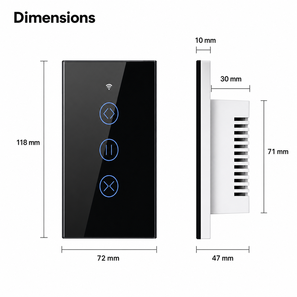 Dimensions diagram for black smart curtain wall switch