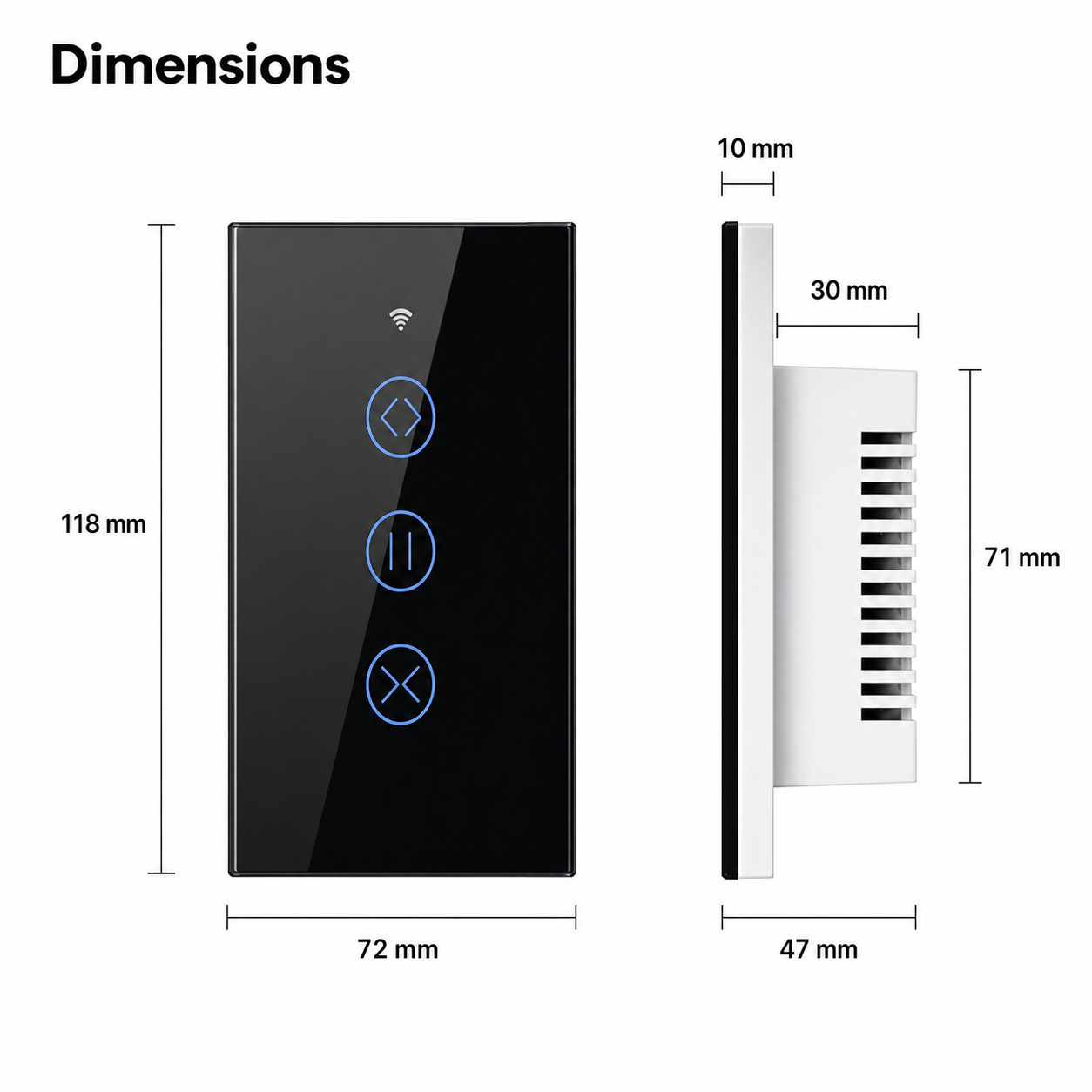 Dimensions diagram for black smart curtain wall switch