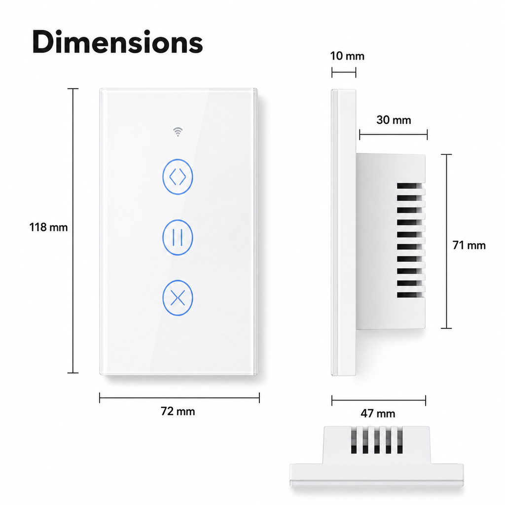 Dimensions diagram for white smart curtain wall switch