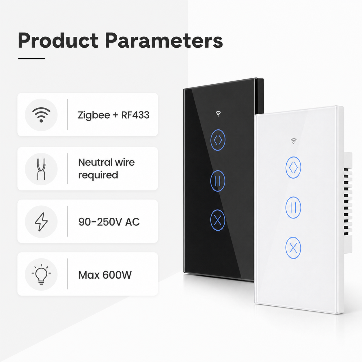 Product parameters card for Zigbee curtain touch switch