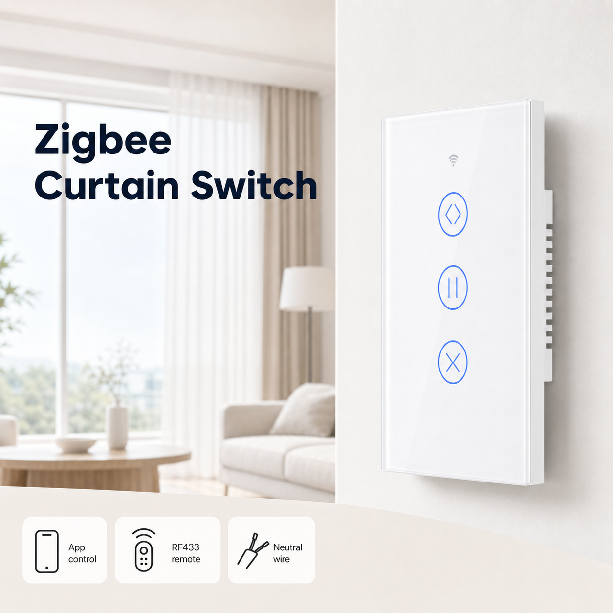 White Zigbee curtain touch switch feature hero image