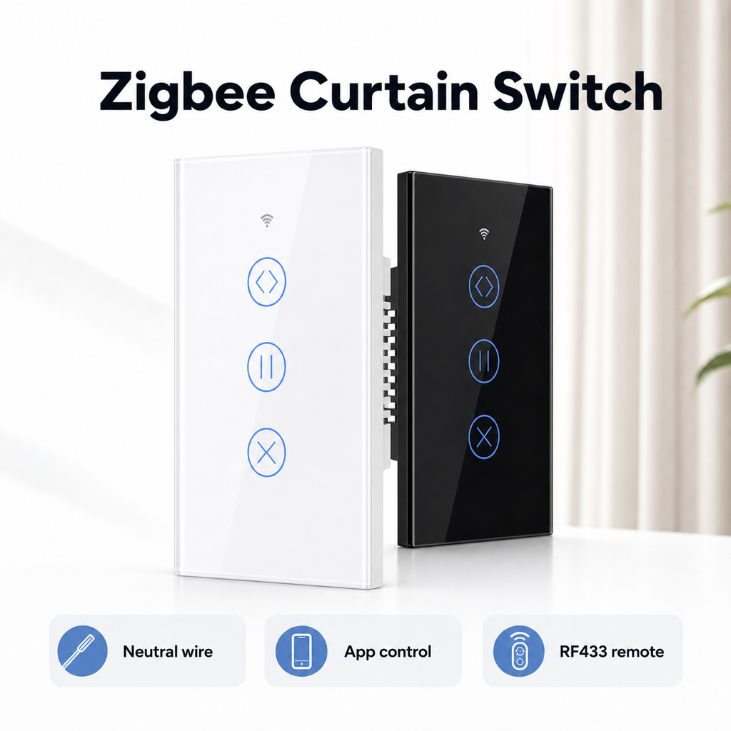 Studio packshot of white and black Zigbee curtain touch switch variants