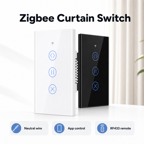 Studio packshot of white and black Zigbee curtain touch switch variants