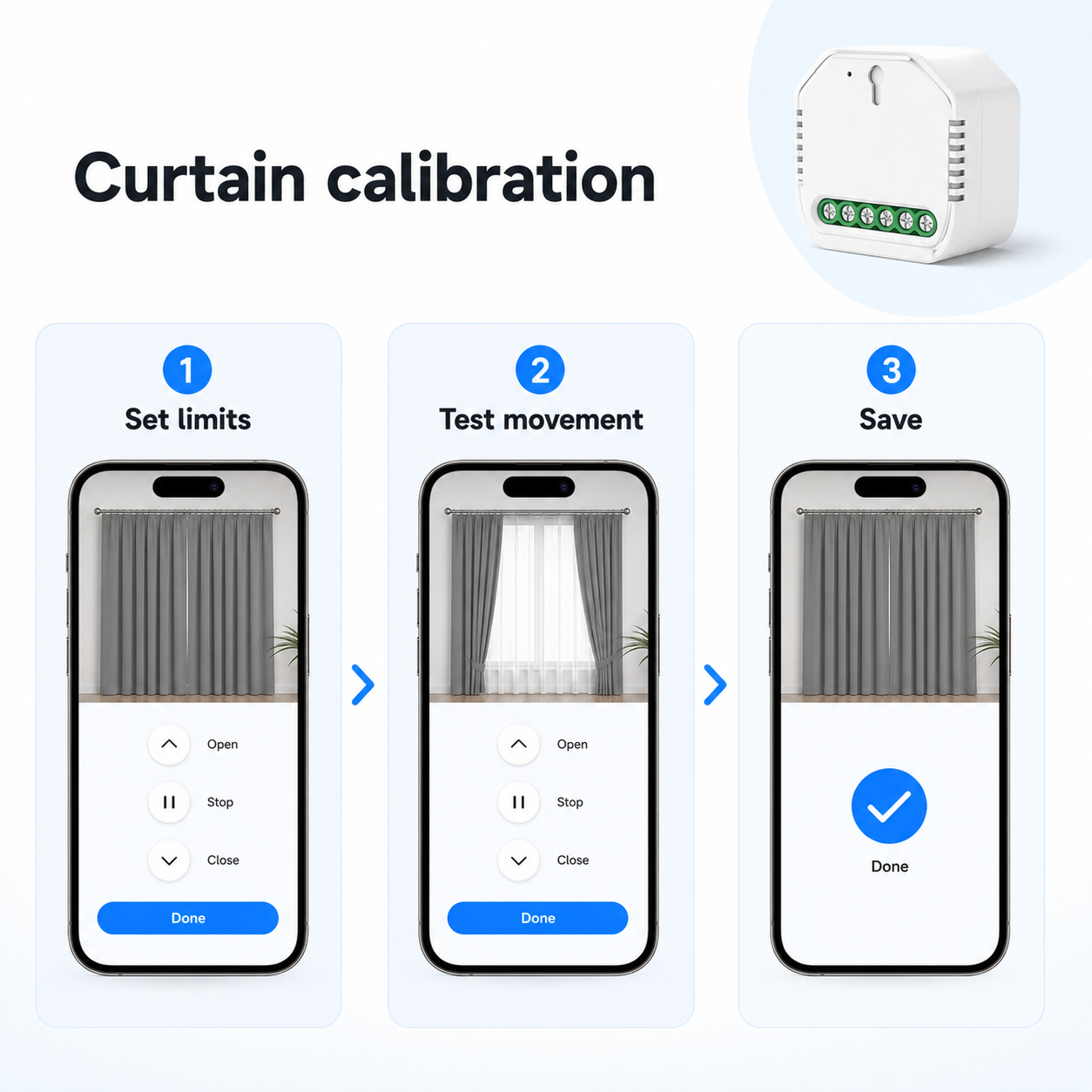 Curtain calibration steps shown on a generic mobile app