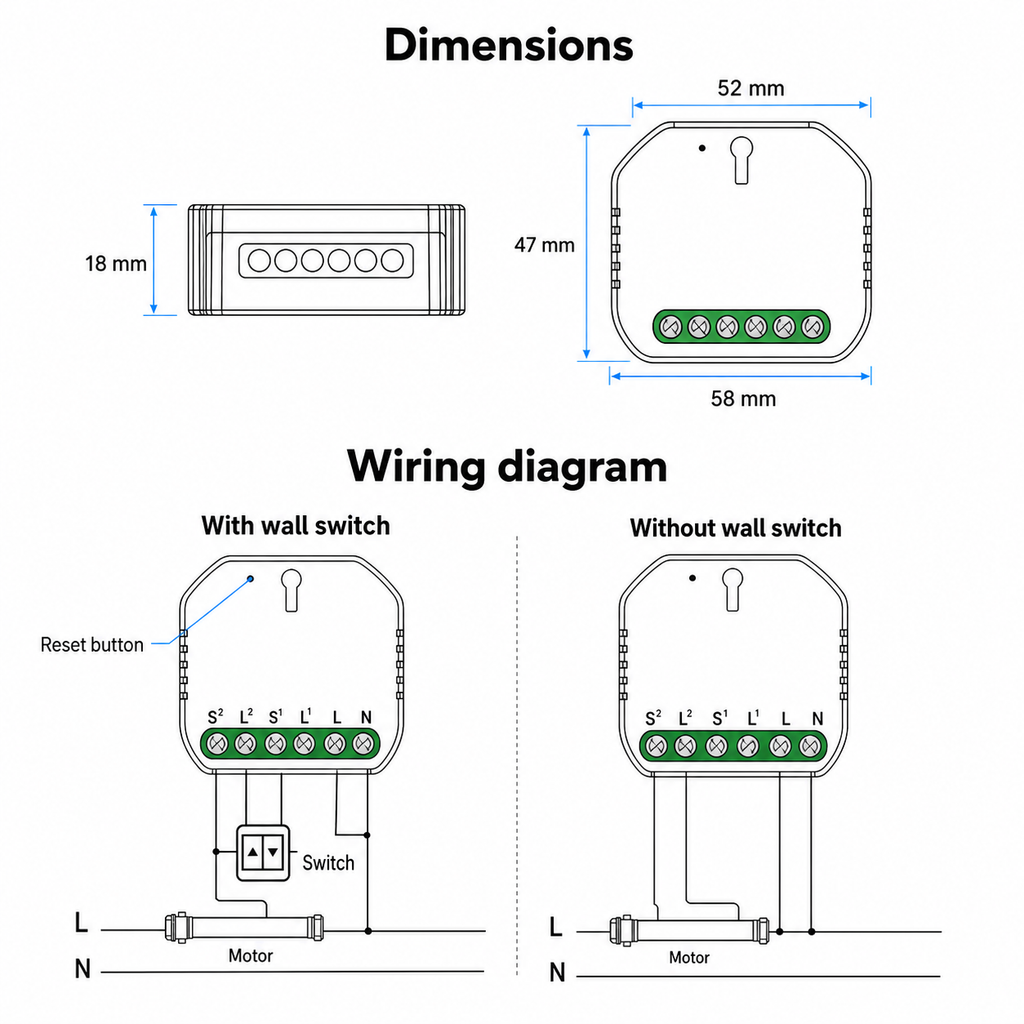 Dimensions and wiring diagram for Wi-Fi curtain module
