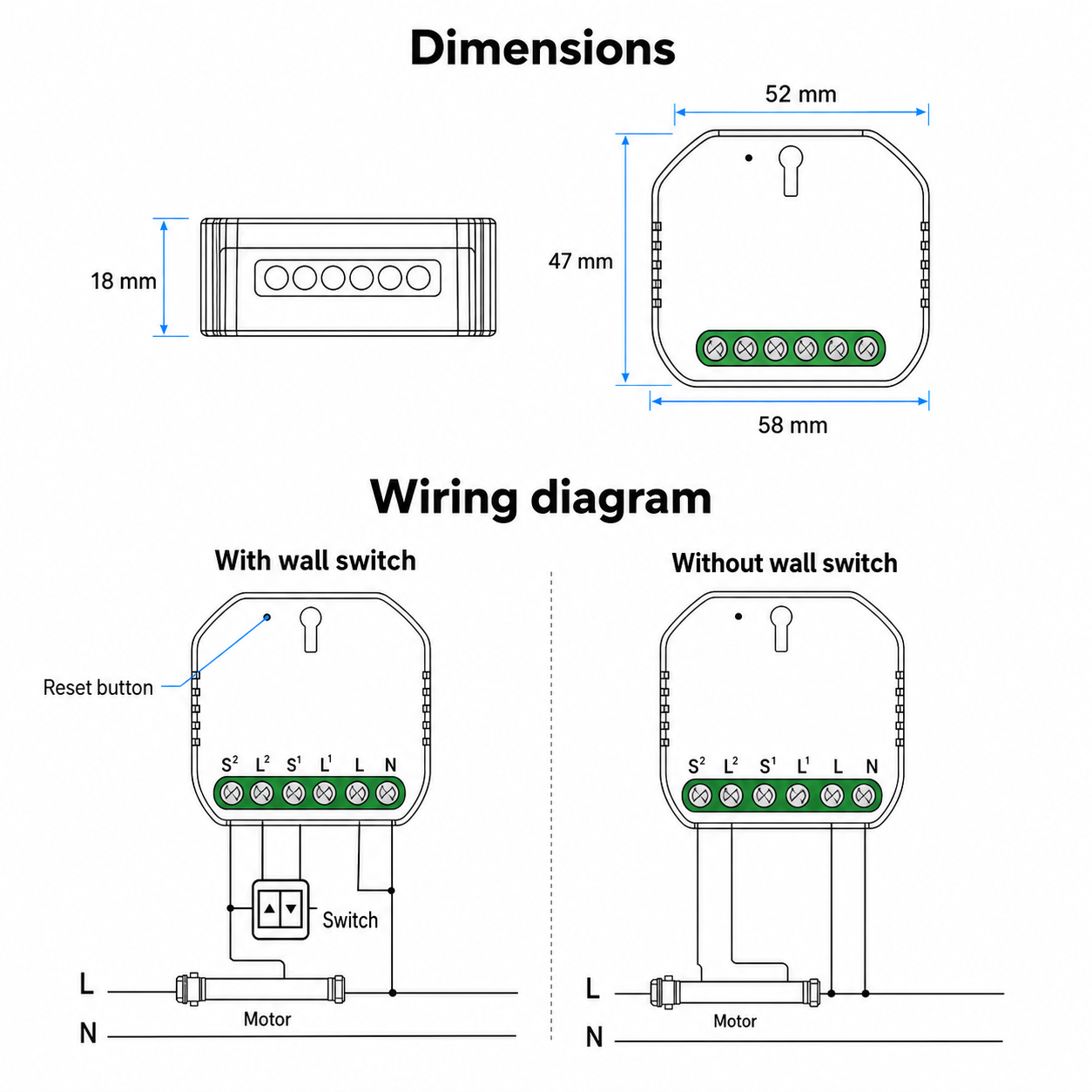 Dimensions and wiring diagram for Wi-Fi curtain module