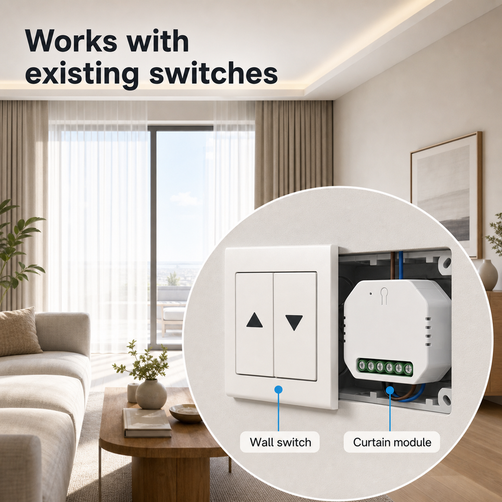 Wi-Fi curtain module installed behind an existing wall switch