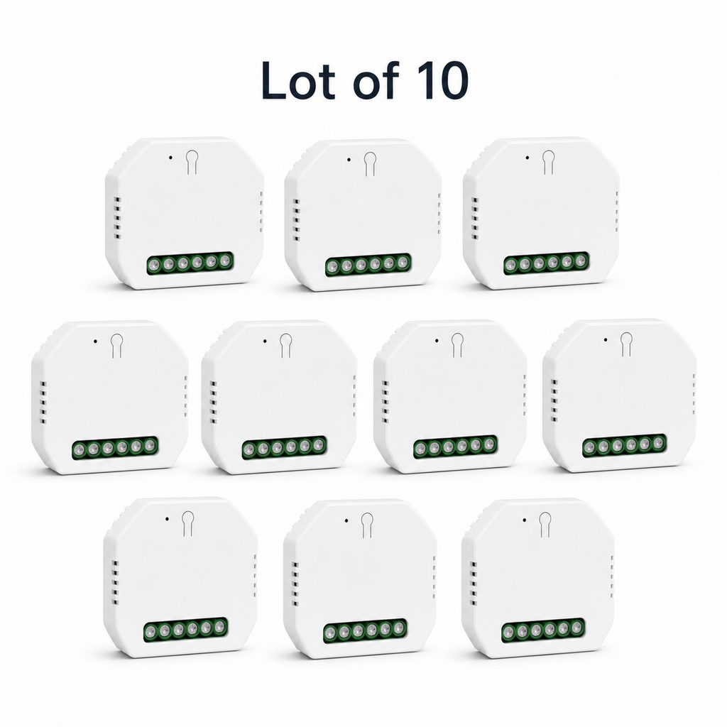 Lot of 10 Wi-Fi curtain modules on a white studio background