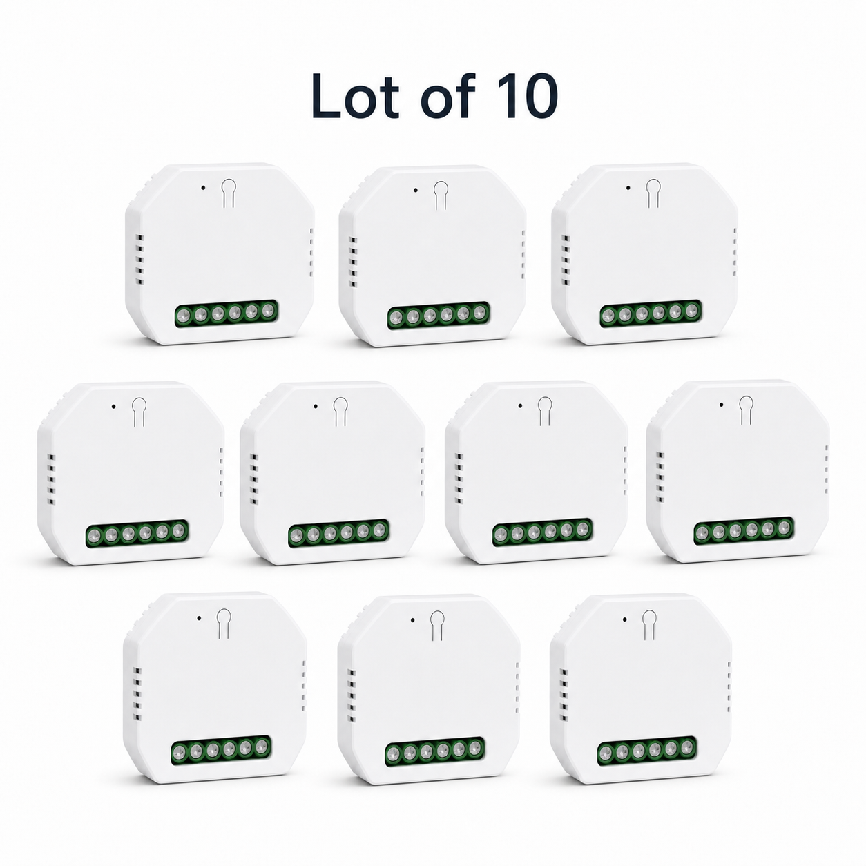 Lot of 10 Wi-Fi curtain modules on a white studio background