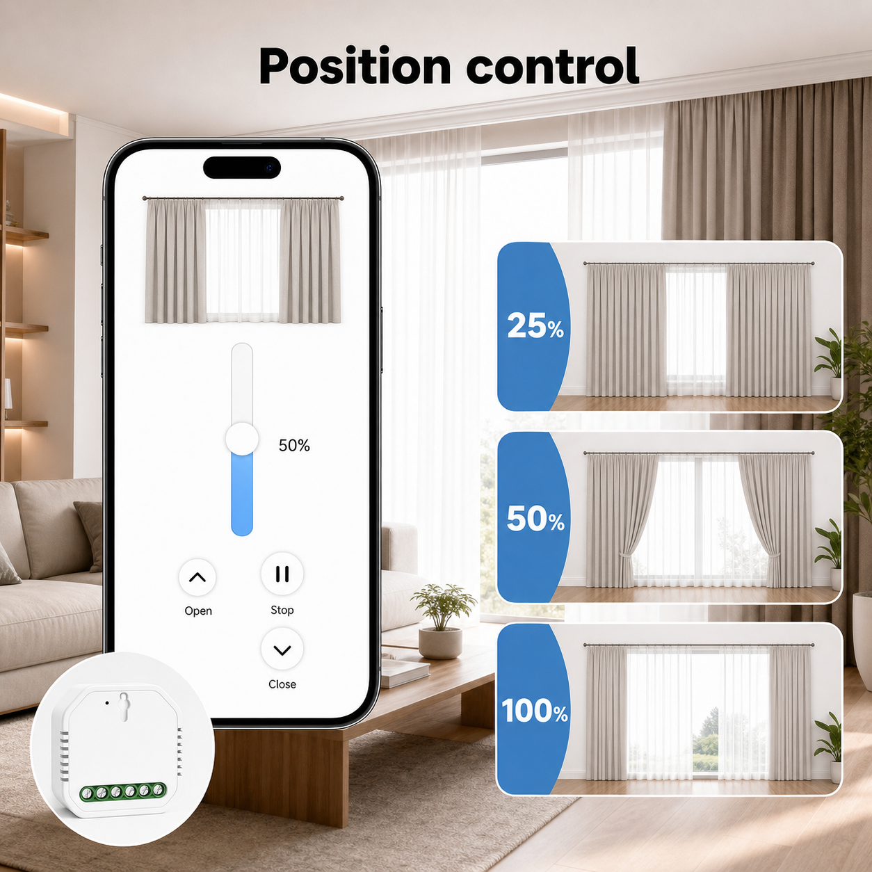 Curtain position control screen for Wi-Fi curtain module