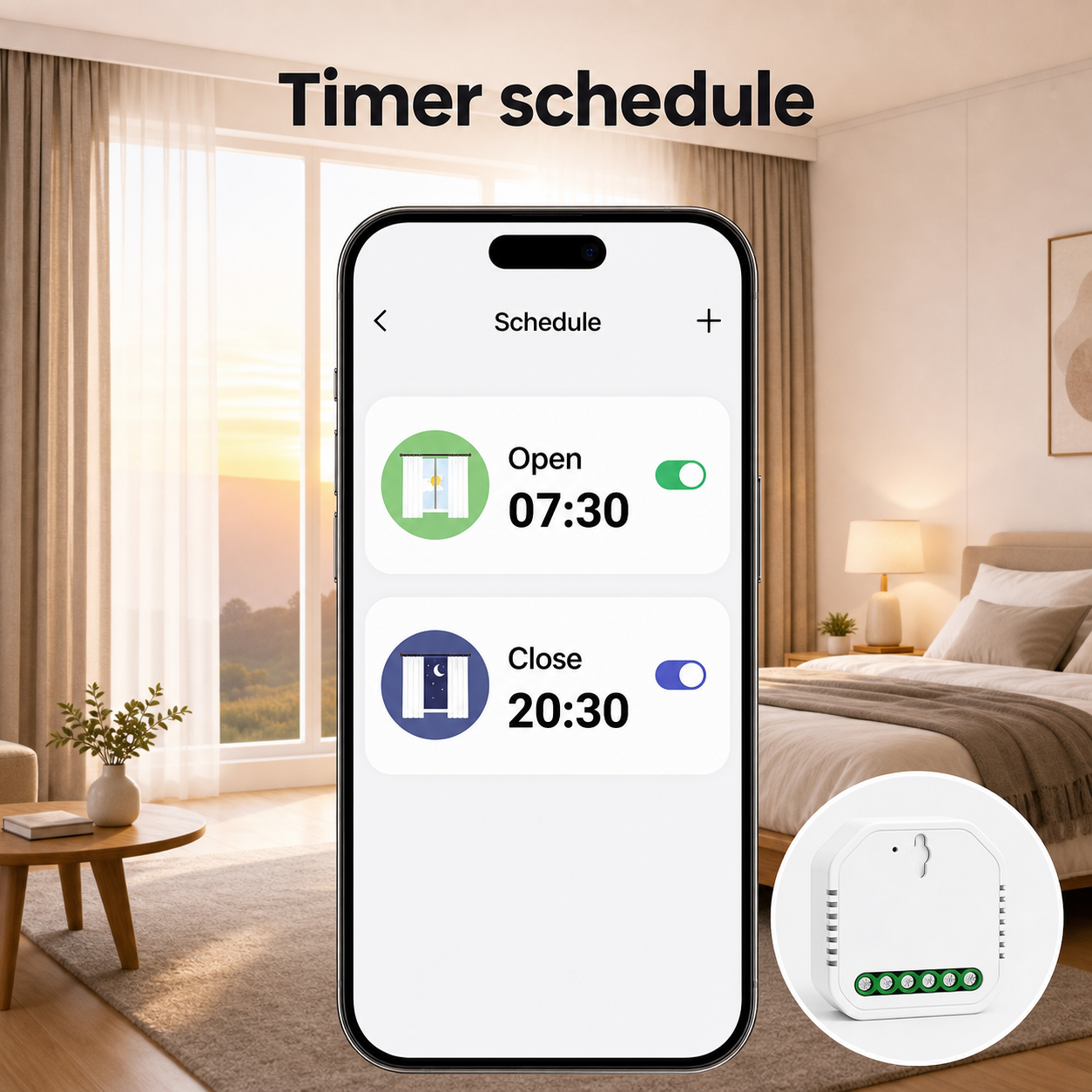Open and close timer schedule for Wi-Fi curtain module