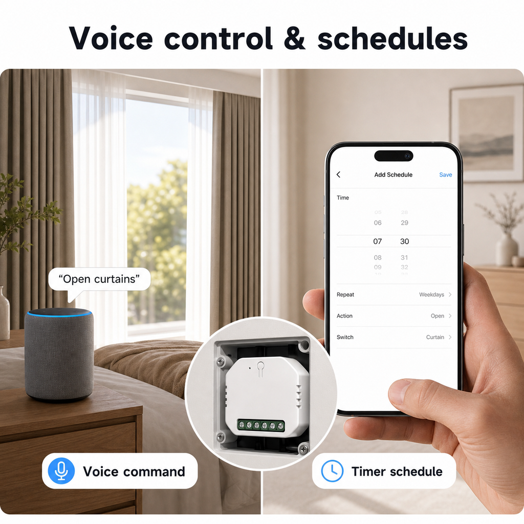 Wi-Fi curtain module with generic voice control and timer schedule