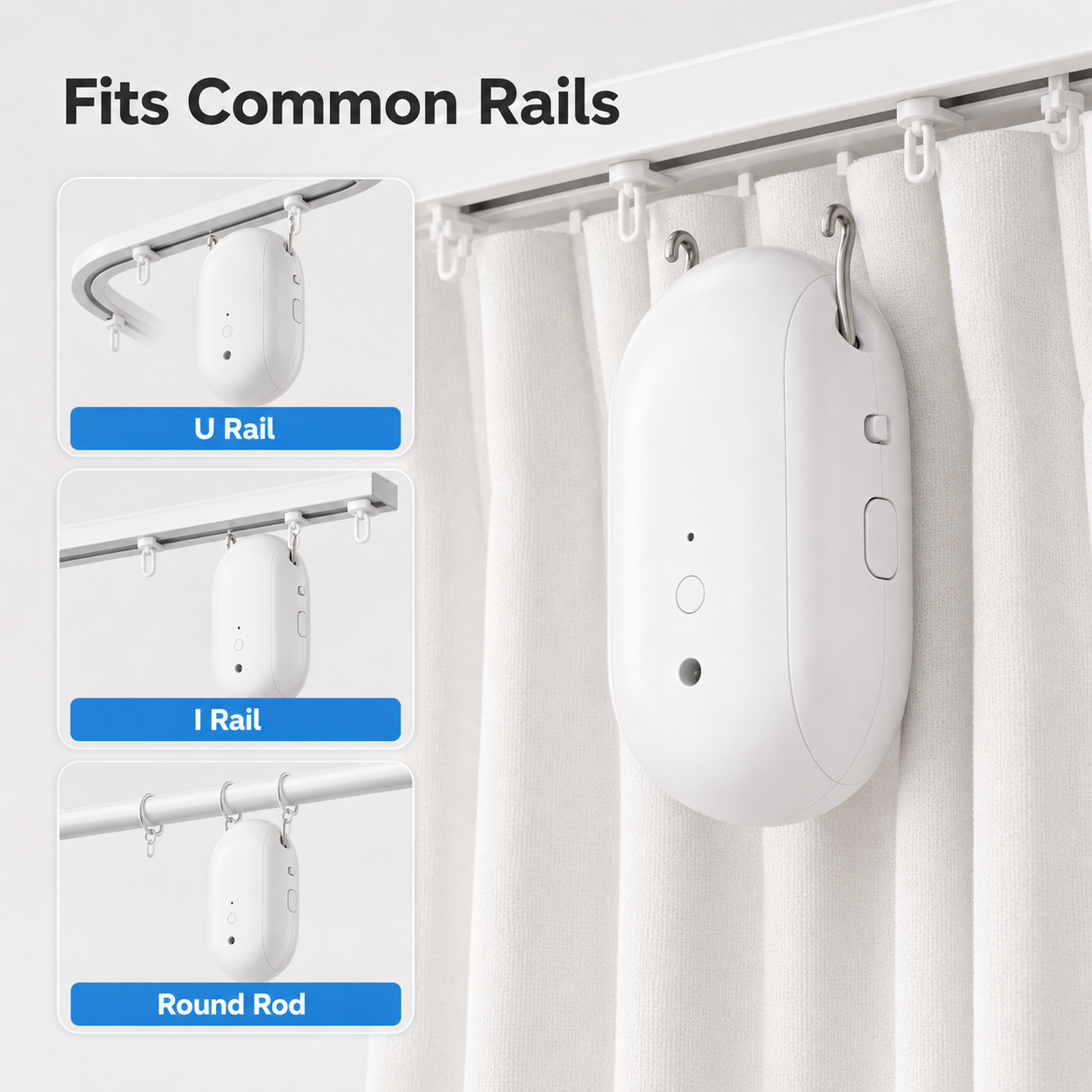 Compatible U rail I rail and round rod setups for smart curtain robot