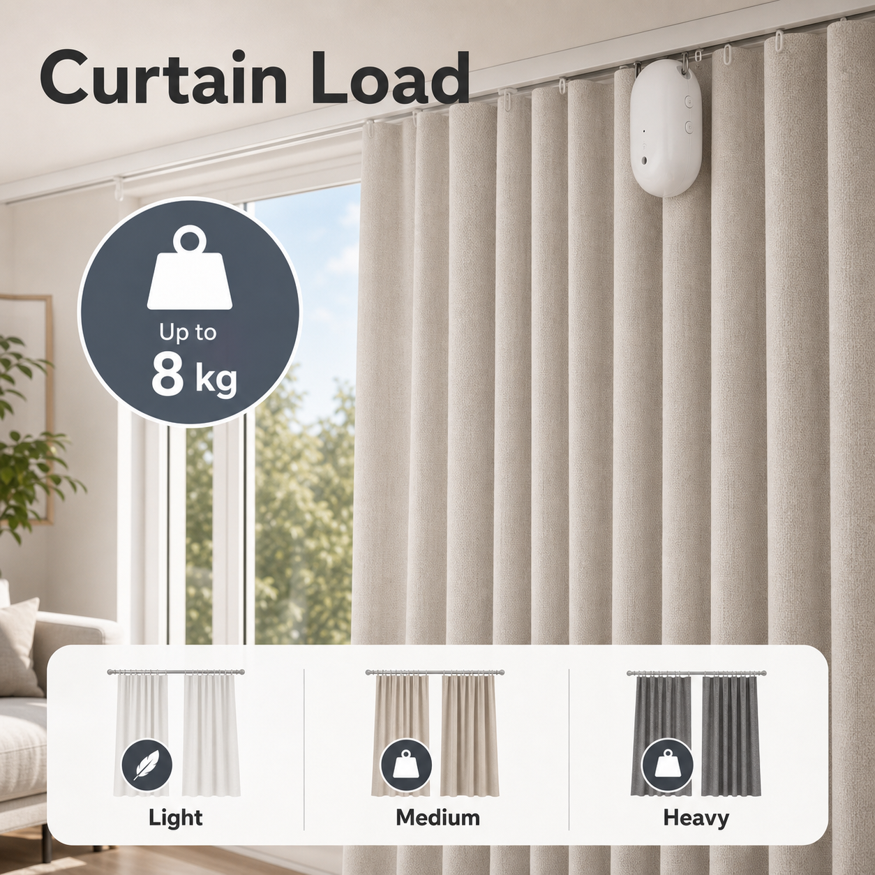 Curtain load capacity visual for smart curtain robot up to 8 kg