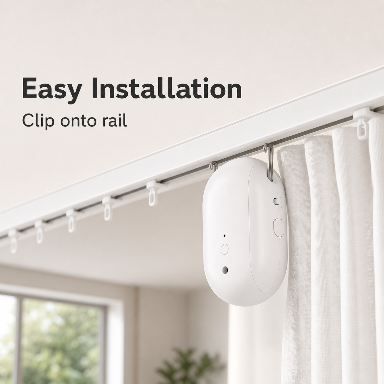 Smart curtain robot clipped onto a ceiling curtain rail