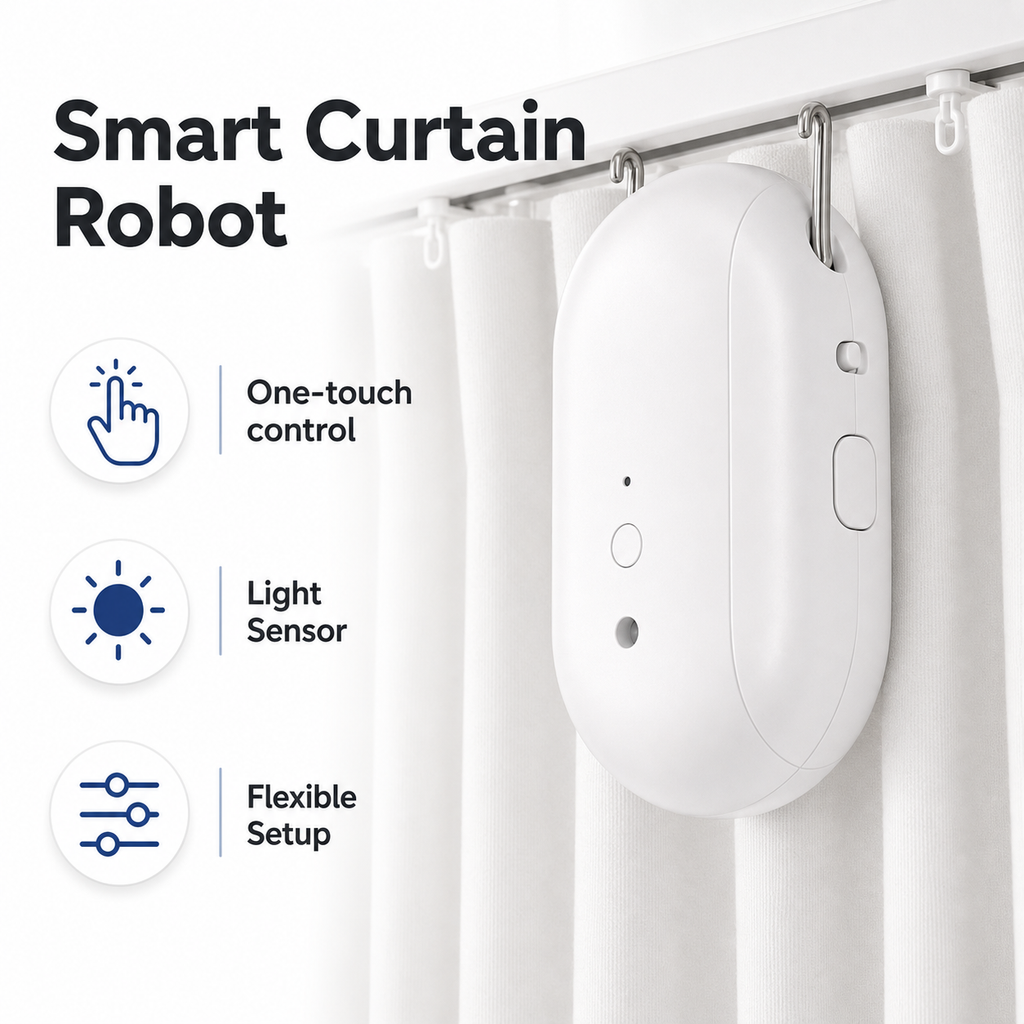 Feature packshot of smart curtain robot with flexible setup callouts