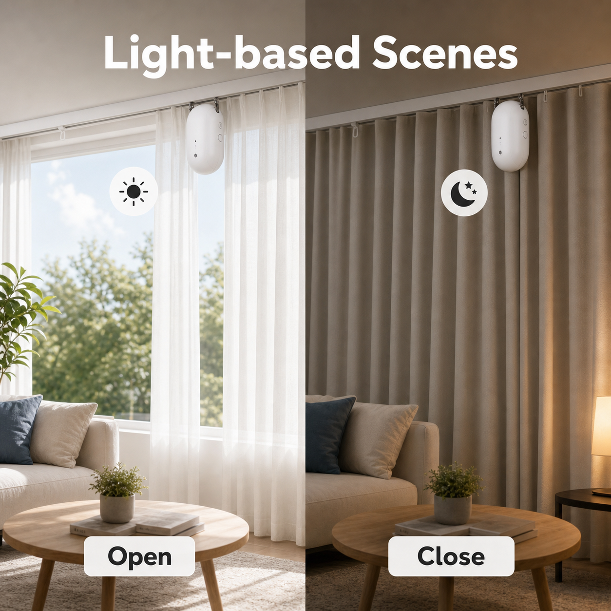 Light based open and close scenes for smart curtain robot