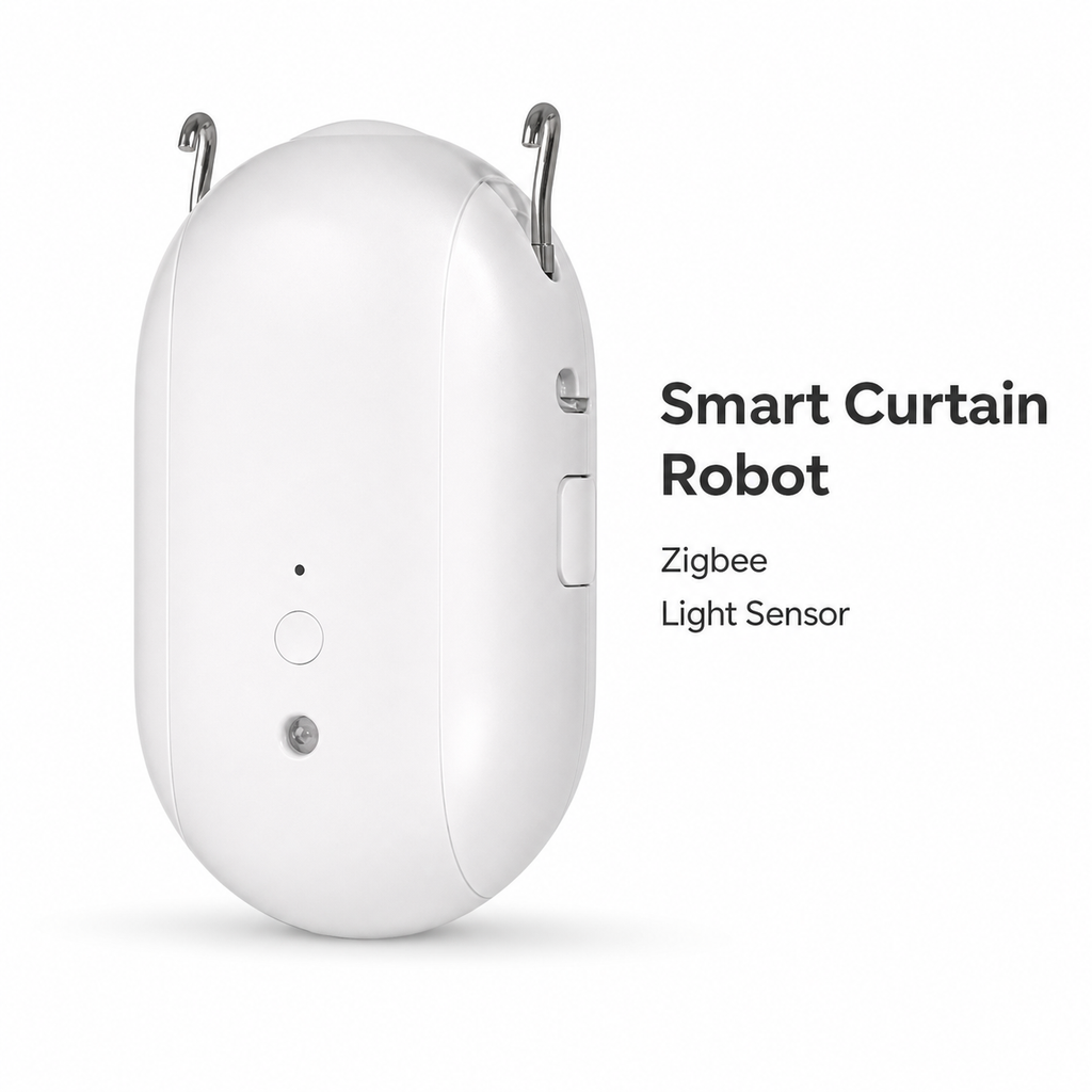 Studio packshot of white Zigbee smart curtain robot with light sensor