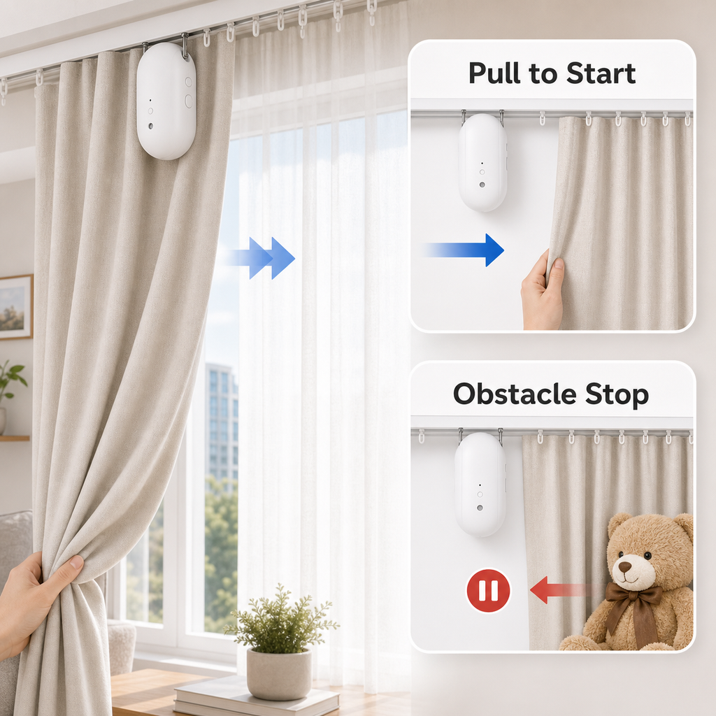 Pull to start and obstacle stop features for smart curtain robot