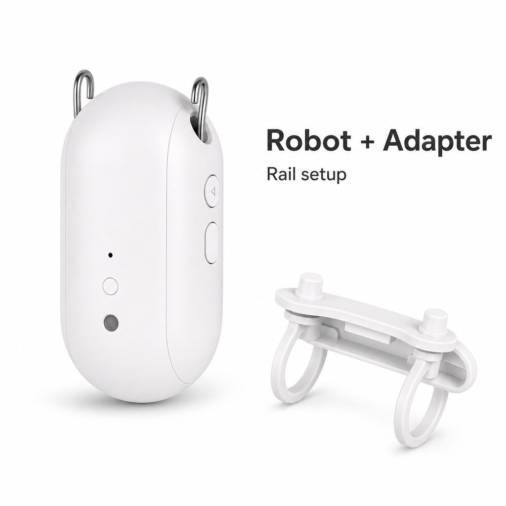 Studio packshot of smart curtain robot with rail adapter accessory