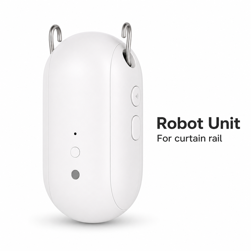 Studio packshot of smart curtain robot unit for curtain rail